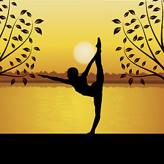 Image showing human doing yoga with river and sun background