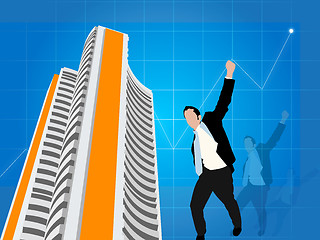 Image showing business man expressing victory with stock exchange background