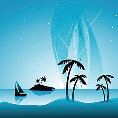 Image showing silhouette of beach with islands,coconut trees and ship