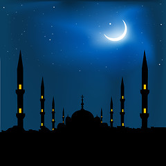 Image showing silhouette of a mosque with crescent shape moon