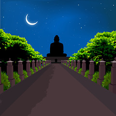 Image showing silhouette view of buddha statue, crescent shaped moon