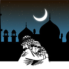 Image showing father-son embracing,ramadaan,eid,mosque,festival