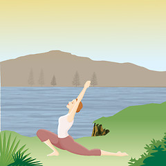 Image showing woman doing yoga with river mountain background