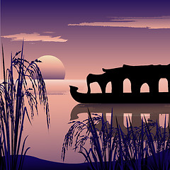 Image showing silhouette of a boathouse,backwaters and sunrise background