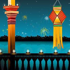 Image showing lamp lighting, lanterns, fireworks, balcony,festival - diwali