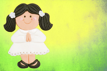 Image showing greeting invitation card, first communion cute girl brown