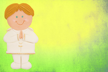 Image showing greeting invitation card, first communion, cute blond boy
