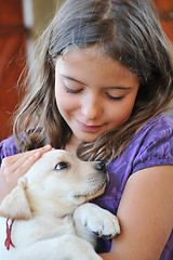 Image showing puppy labrador retriever and little girl