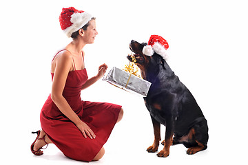 Image showing rottweiler, gift and woman