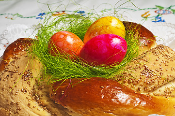 Image showing easter bread with painted eggs