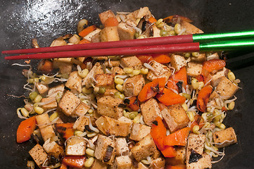 Image showing chinese wok with carrots,tofu,soybean sprouts