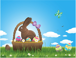 Image showing Easter background with eggs and chocolate bunny