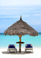 Image showing Thatched hut on a stretch of beach in Aruba