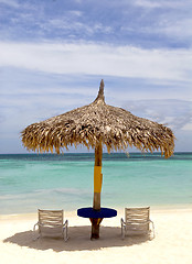 Image showing Thatched hut on a stretch of beach in Aruba