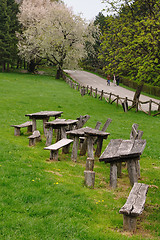Image showing Wooden benches in park
