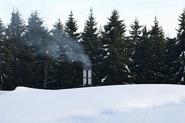 Image showing Smoking chimney of the cottage in the woods