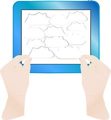 Image showing hands with bubbles on computer tablet pc. Vector