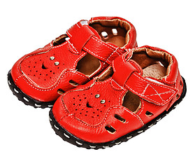 Image showing Small red leather sandals for a child