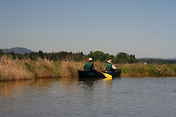 Image showing Couple Paddling in Canoe