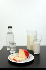 Image showing milk, water and cheese, tasty and healthy food