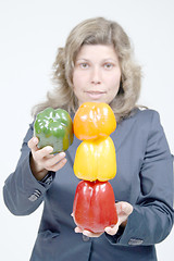 Image showing woman with colored peppers, healthy food photo