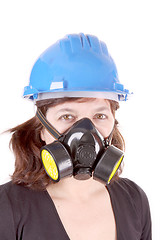 Image showing woman with safety protection, gas mask and helmet