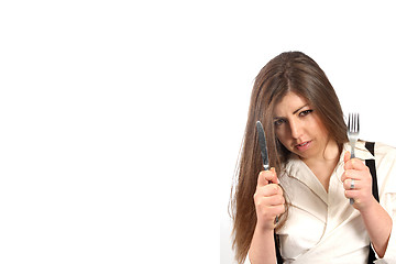 Image showing beautiful woman with knife and fork, food photo