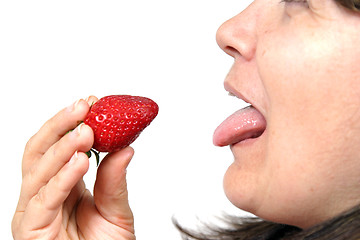 Image showing beautiful woman with beautiful red strawberries, healthy food