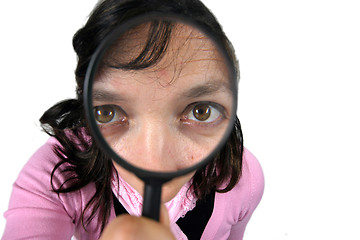 Image showing Young businesswoman holding Magnifying Glass, business photo