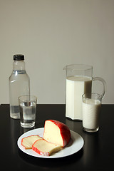 Image showing milk, water and cheese, tasty and healthy food