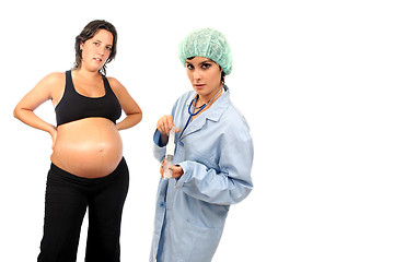 Image showing beautiful pregnant woman expecting a boy and nurse