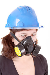 Image showing woman with safety protection, gas mask and helmet