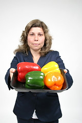 Image showing woman with colored peppers, healthy food photo