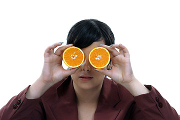 Image showing beautiful woman with orange and lemon, healthy citrin photo