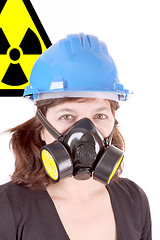 Image showing woman with safety protection, gas mask and helmet