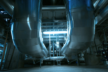 Image showing Industrial zone, Steel pipelines and cables in blue tones