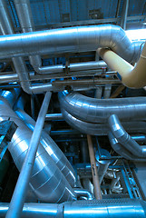 Image showing Industrial zone, Steel pipelines and cables in blue tones