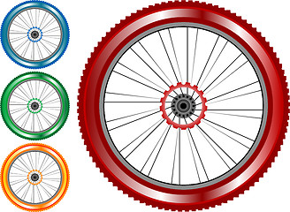 Image showing set of colored bike wheel with tire and spokes
