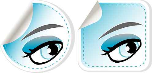 Image showing blue girl eyes sticker set. abstract label vector