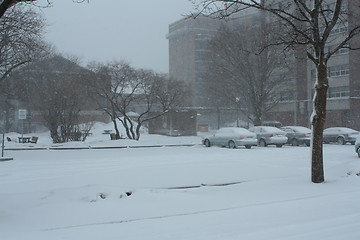 Image showing Picture taken during a winter storm that passed by the city - snow covered parking lot