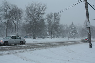 Image showing Picture taken during a winter storm that passed by the city - cars on the busy street