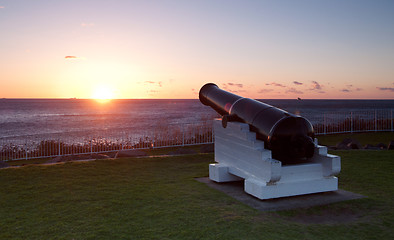 Image showing ocean sunrise and cannons at wollongong