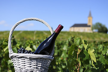 Image showing bottle of red wine in countryside