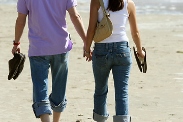 Image showing Couple walking on the beach