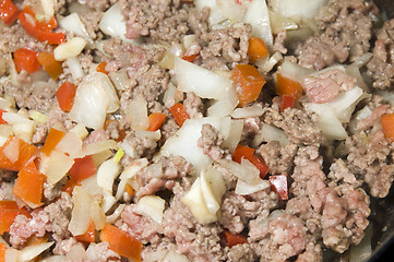 Image showing ground beef with onions peppers for pasta sauce