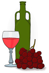 Image showing Drawing - bottle and glass of wine and grapes