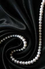 Image showing White pearls on the black silk as background