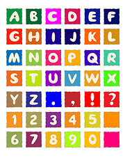 Image showing cartoon alphabet on square colored paper ABC font