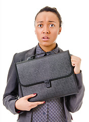 Image showing Terrified young business woman on white