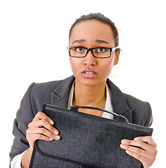 Image showing Terrified young business woman on white